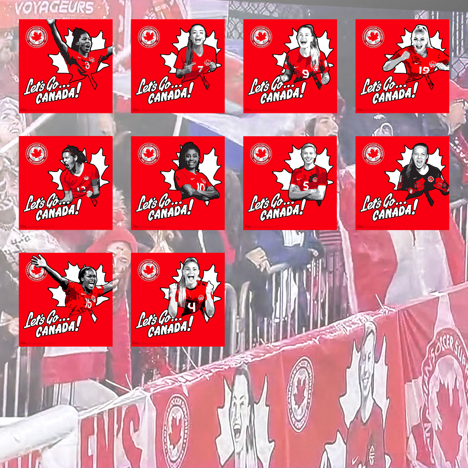 Banner Factory graphic of various Canadian Women's Soccer Team popping out of leaves with the words Let's Go Canada, set over a photo of the banners in stadium