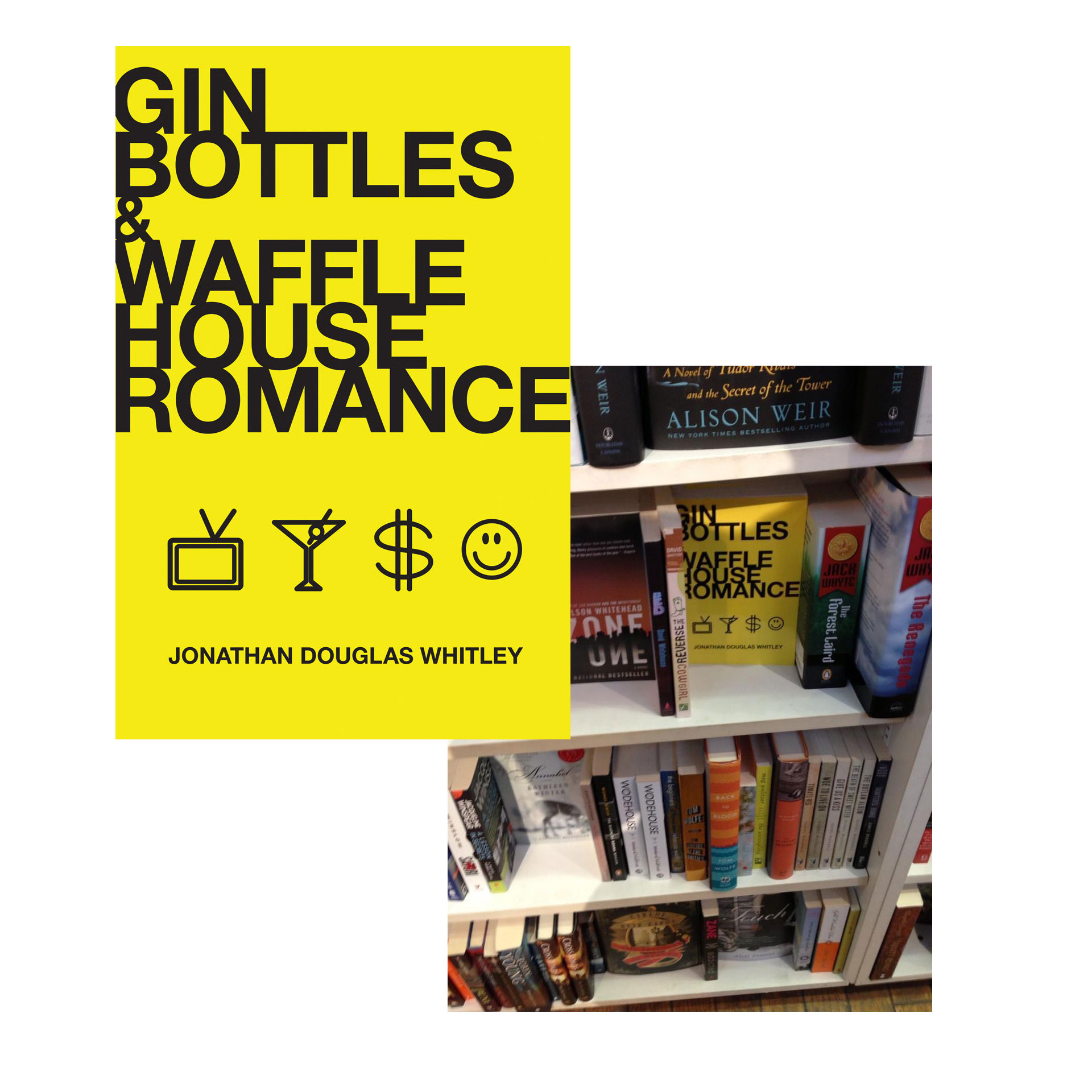 Gin Bottles & Waffle House Romance book cover and on shelf in store