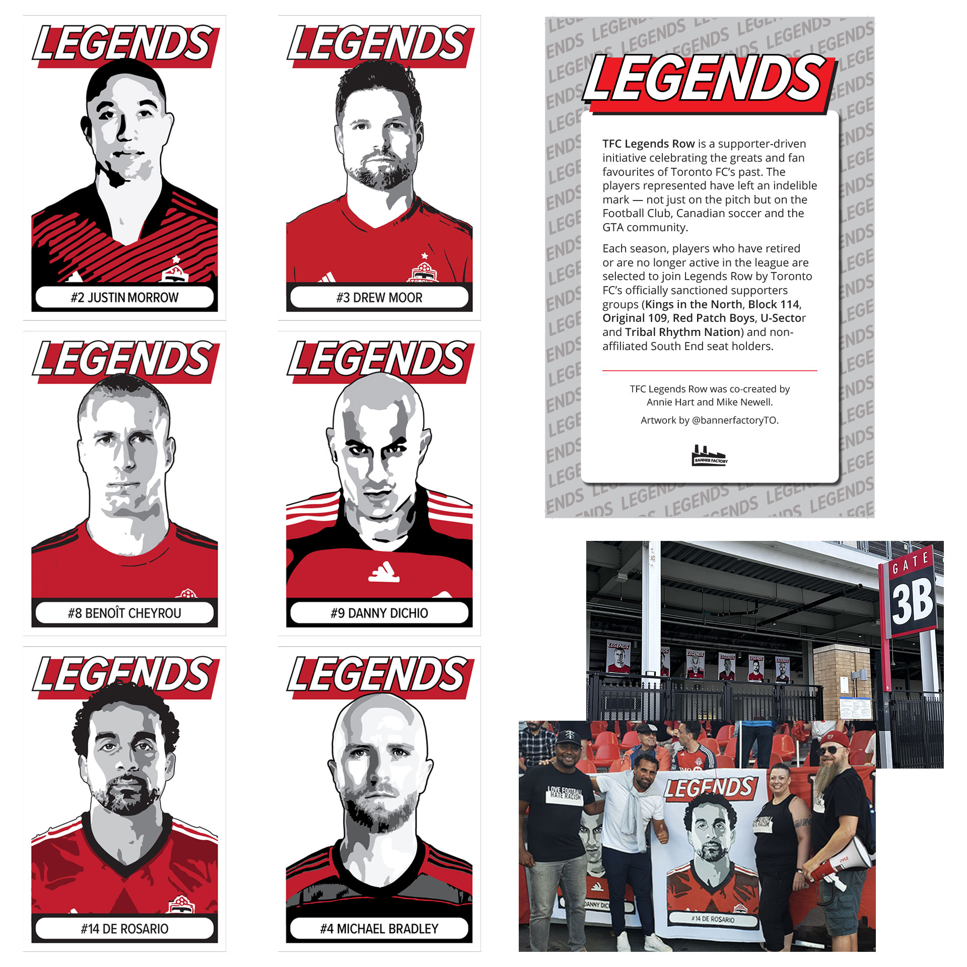 Banner art for Toronto FC Legends, depicting Morrow, Moor, Cheyrou, Dichio, DeRosario and Bradley, along with the Legends row mission statement, a photo of Legends row and the DeRo banner presentation