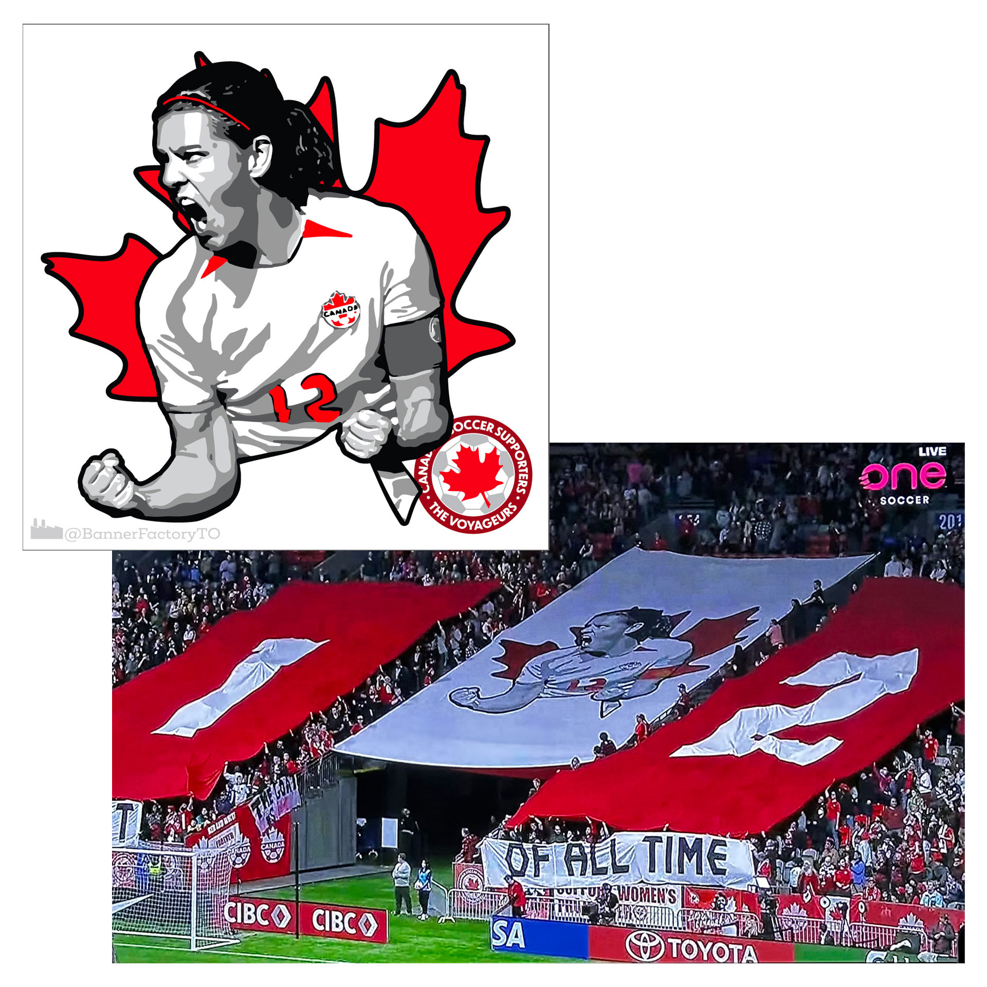 Artwork featuring Christine Sinclair popping out of a leaf, and the Voyageurs 40' banner featuring the artwork at her national retirement game