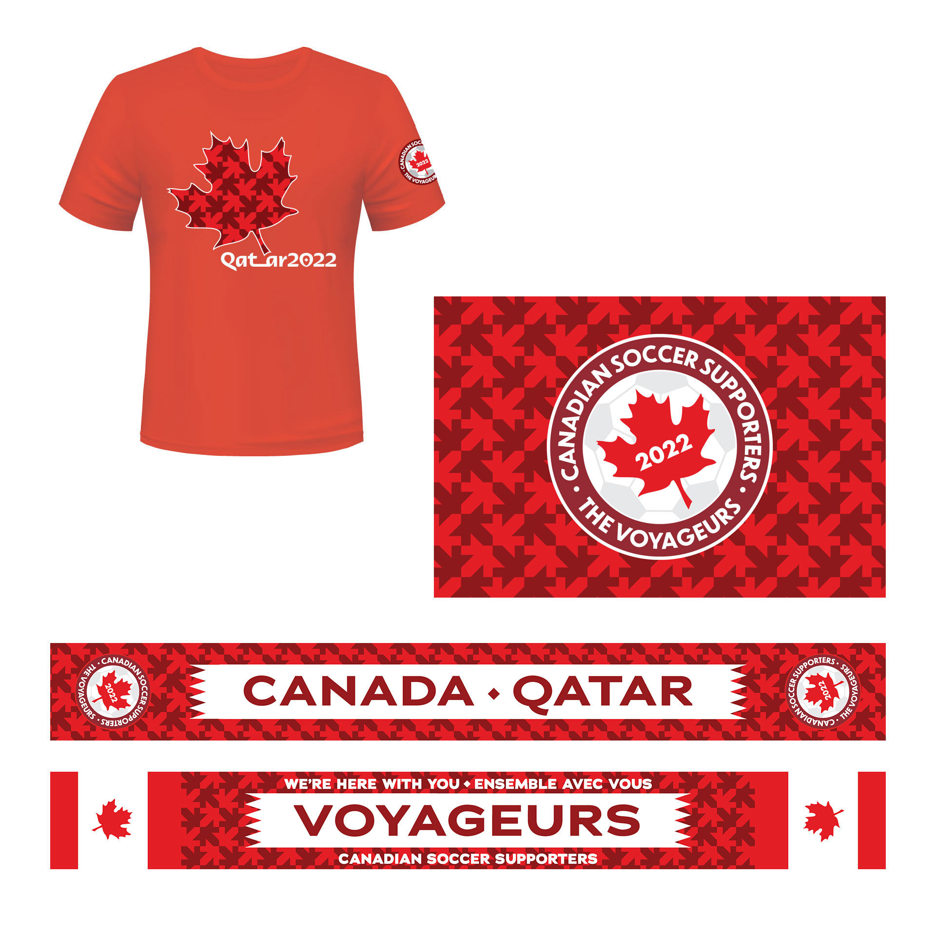 Voyageurs swag for Qatar Men's World Cup: t-shirt, flag and scarf (draft)
