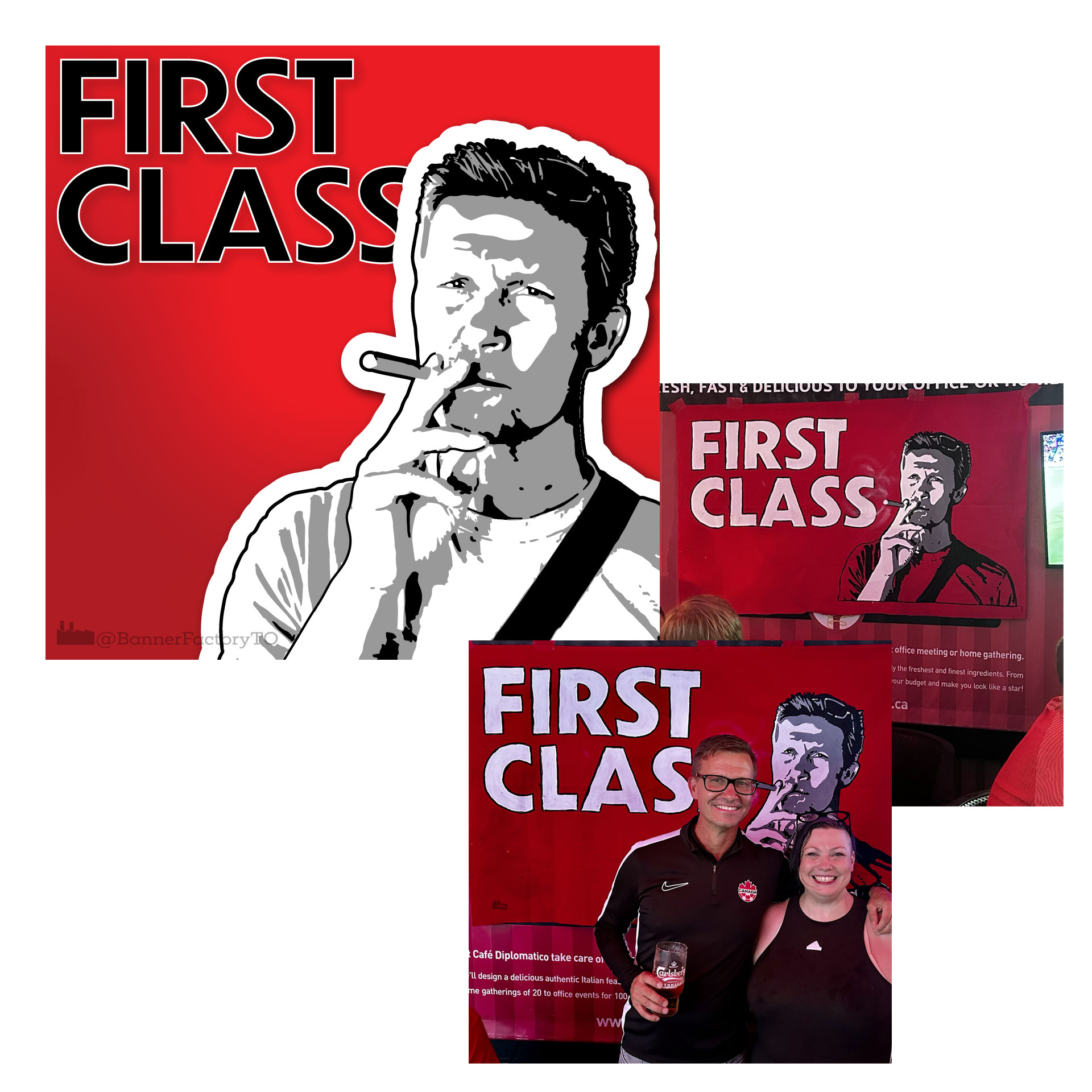 Banner-style graphic artwork of Jesse Marsch with the words "First Class" alongside photos of the finished banner and of Jesse posing in front of the banner with me.